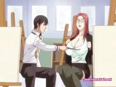 Anime redhead with huge breasts sucks a cock.
